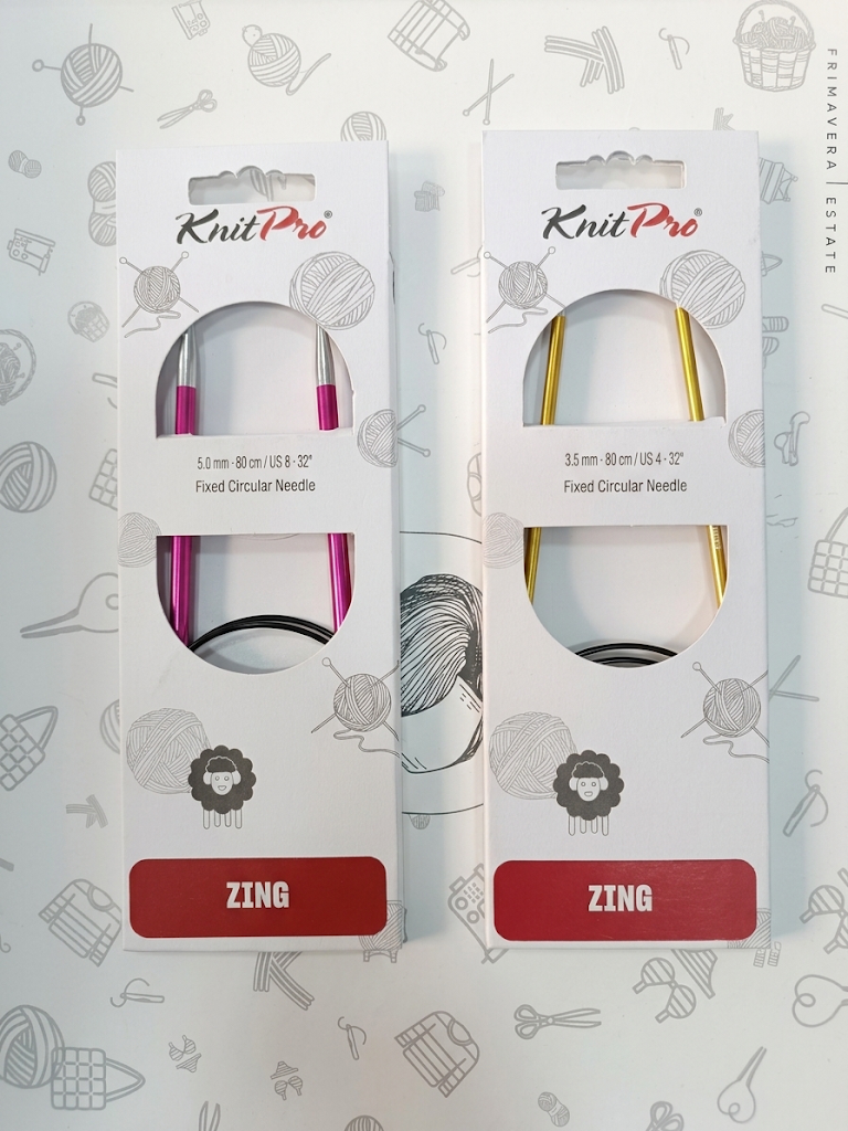 Cajas de aguja circular fija KnitPro Zing 80 cm, 5 mm fucsia y 3,5 mm dorada